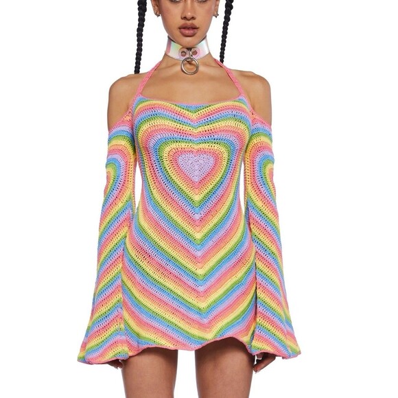 Rave Rainbow Crochet Clubwear Dress, Halter Long Sleeve Mini, Pastel Brights M - Picture 1 of 8
